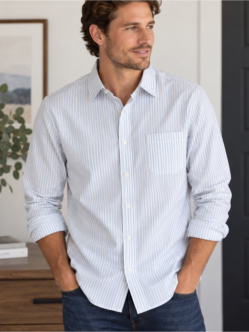 NWT Forever 21 Men’s Large Blue White Striped Cotton Button Down Shirt